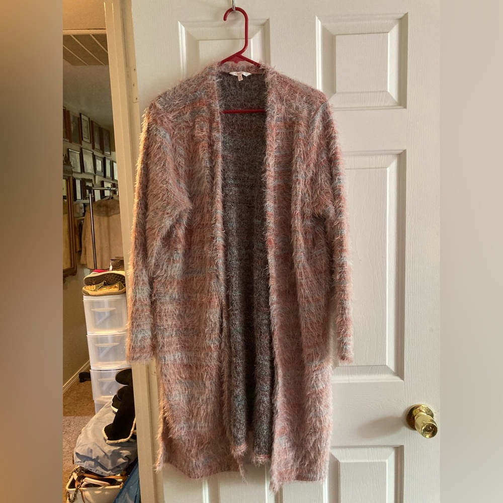 Candie's Fuzzy Pink and Gray Long Cardigan